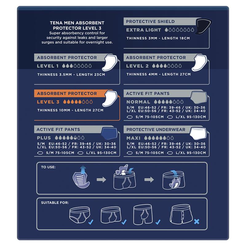 Tena Level 3 Men’s Incontinence Pads - 8 Pants, High Absorbency