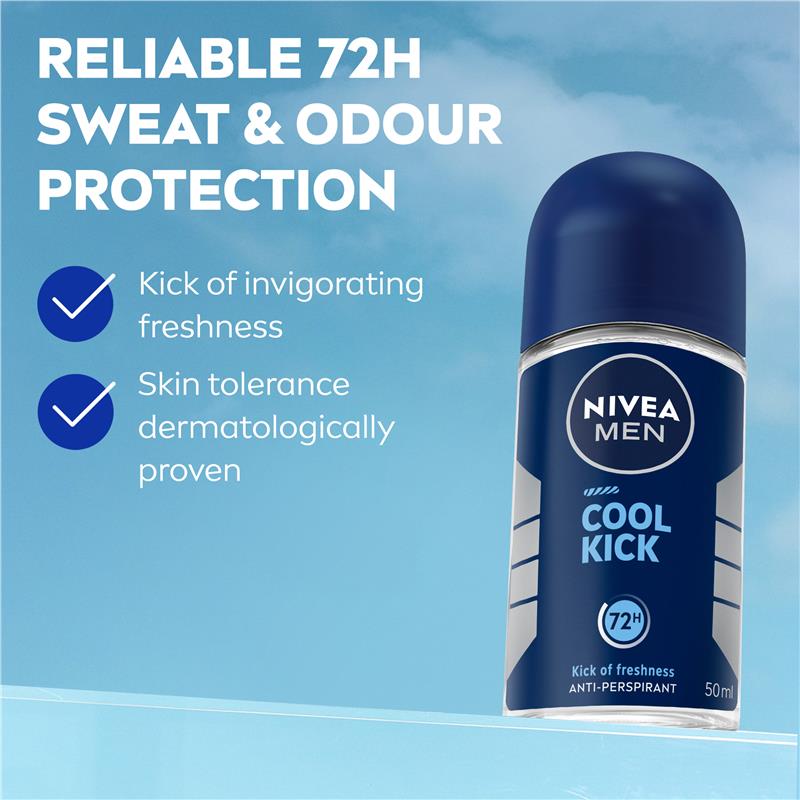 NIVEA MEN Deodorant Roll On Cool Kick 50ml for Long-Lasting Freshness