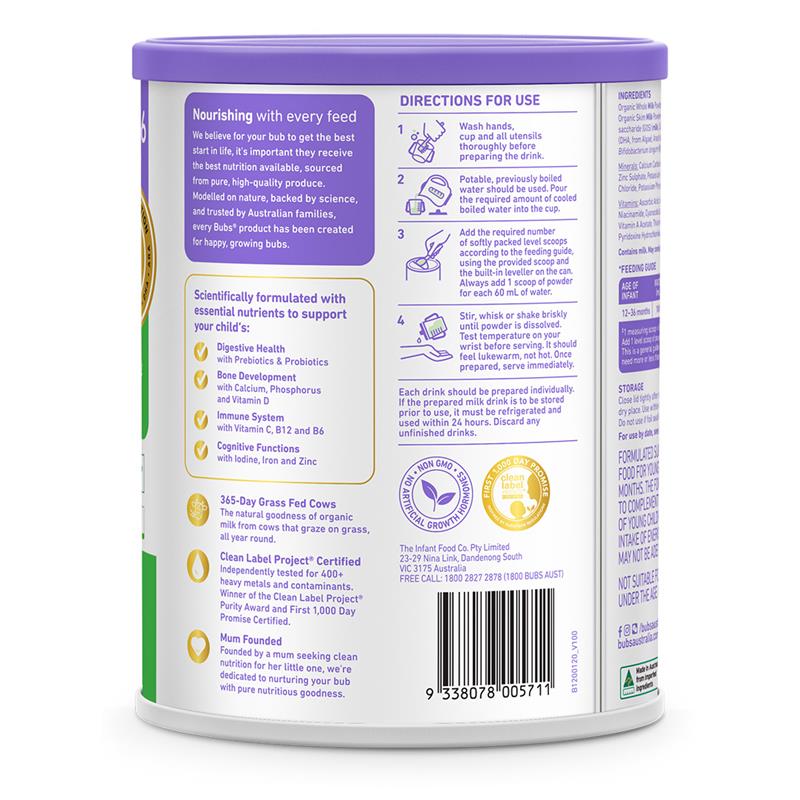 Bubs Organic Grass Fed Toddler Milk 800g - Nourishing Growth for Toddlers