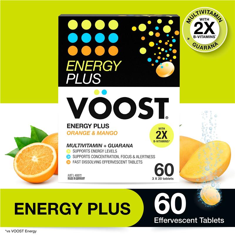 Voost Energy Plus Orange & Mango Effervescent Tablets - 60 Pack for Energy Production