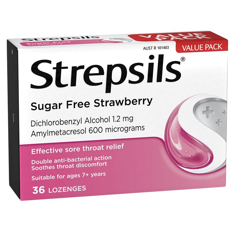Strepsils Sugar Free Strawberry 36 Lozenges - Antibacterial Sore Throat Relief