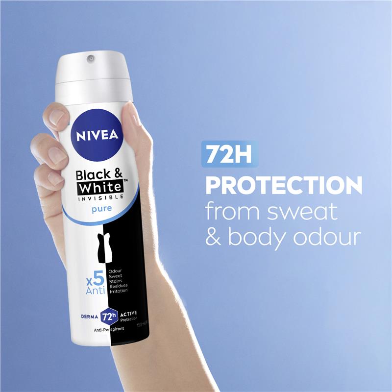 NIVEA Black & White Invisible Pure Aerosol Deodorant 150ml - 72H Protection