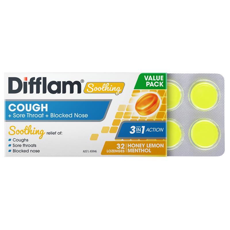 Difflam Soothing Cough + Sore Throat + Blocked Nose Lozenges - Honey Lemon Flavor (32 Lozenges)