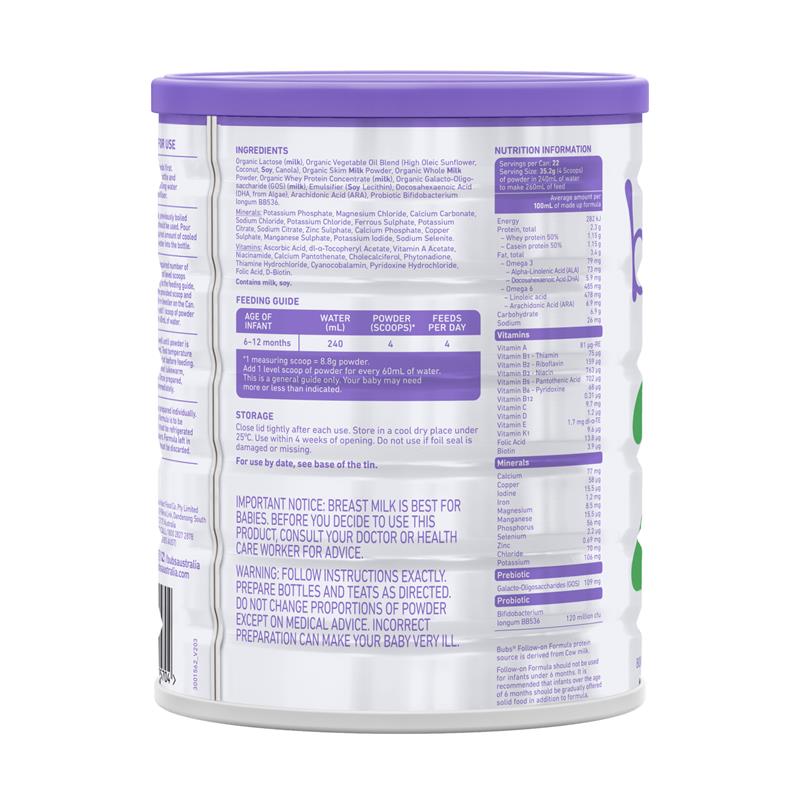 Bubs Organic Grass Fed Follow-on Milk Formula 800g - Ideal for Growing Infants