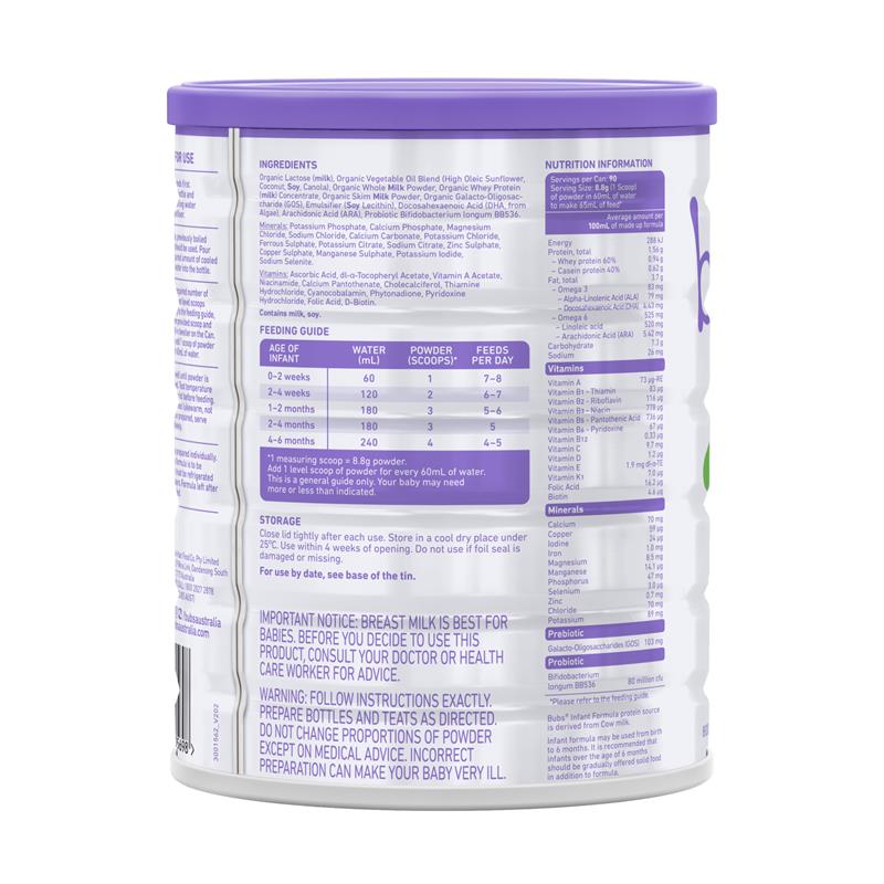 Bubs Organic Grass Fed Infant Milk Formula 800g - Gentle Nutrition for Babies