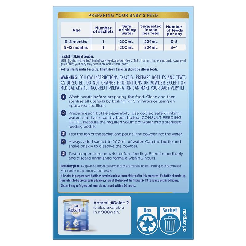Aptamil Gold+ 2 Baby Follow-On Formula Powder Sachets From 6-12 Months 4 Pack 31.2g