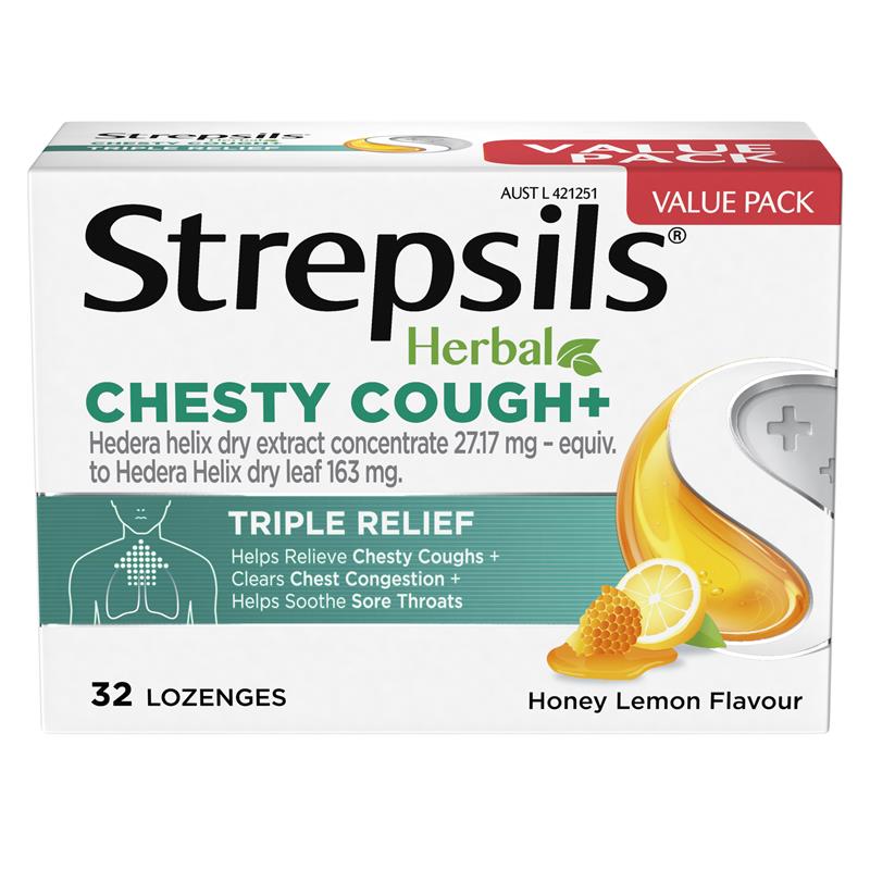 Strepsils Herbal Chesty Cough+ Lozenges Honey Lemon 32 Pack - Effective Cough Relief