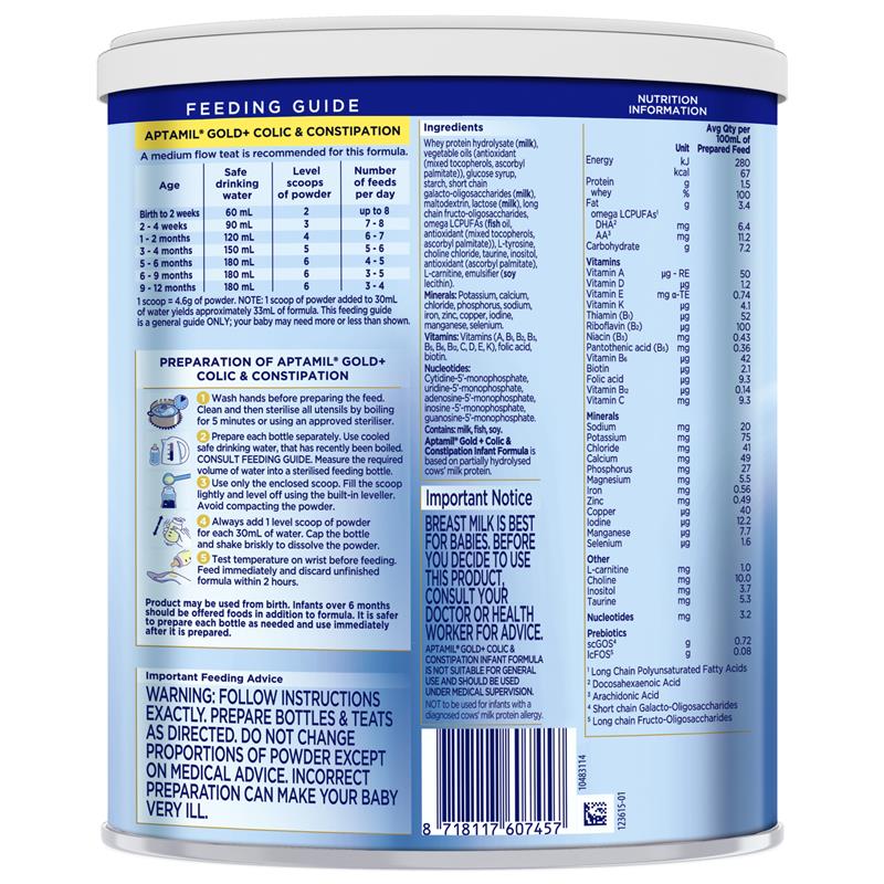 Aptamil Gold+ Colic & Constipation Baby Infant Formula 900g