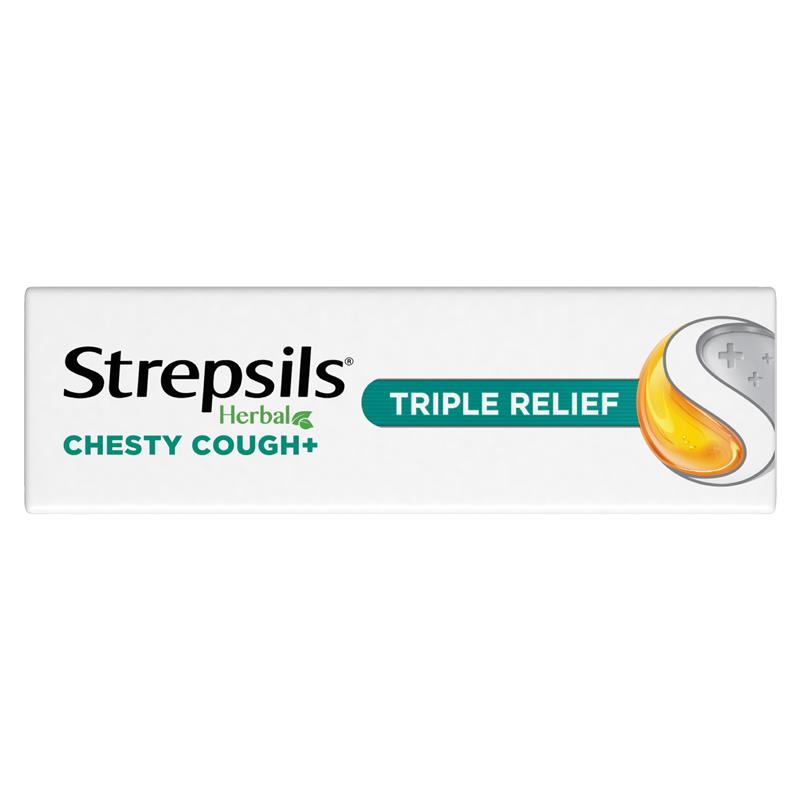 Strepsils Herbal Chesty Cough+ Lozenges Honey Lemon 16 Pack - Triple Relief Formula