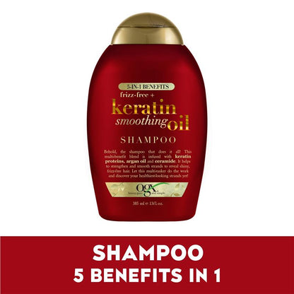 Ogx Frizz Free + Keratin Smoothing Oil 5 in 1 Benefits Shampoo For Frizzy Hair 385mL