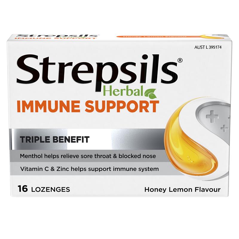 Strepsils Herbal Immune Support Lozenges Honey Lemon 16 Pack