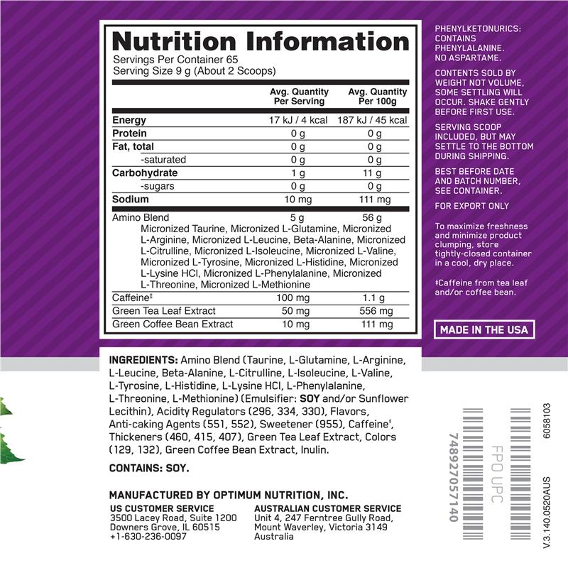 Optimum Nutrition Amino Energy Concord Grape 65 Serve 585g - Boost Energy & Muscle Recovery