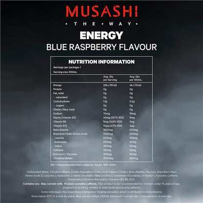 Musashi Blue Raspberry Energy Drinks 500ml x 4 Pack
