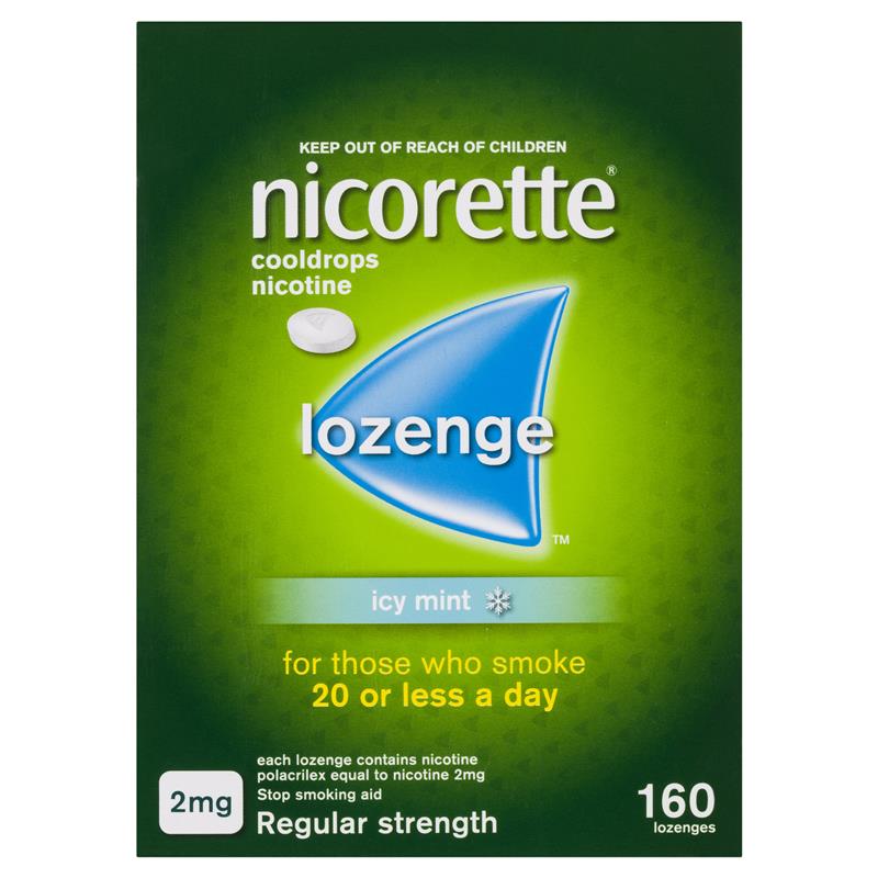 Nicorette Quit Smoking Regular Strength Cooldrops Nicotine Lozenge Icy Mint - 8 x 20 Pack