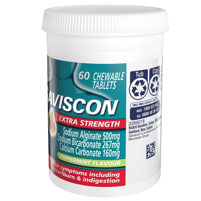 Gaviscon Extra Strength Peppermint 60 Chewable Tablets - Maximum Heartburn Relief
