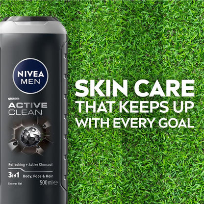 NIVEA MEN Active Clean 3-IN-1 Shower Gel Body Wash 500ml