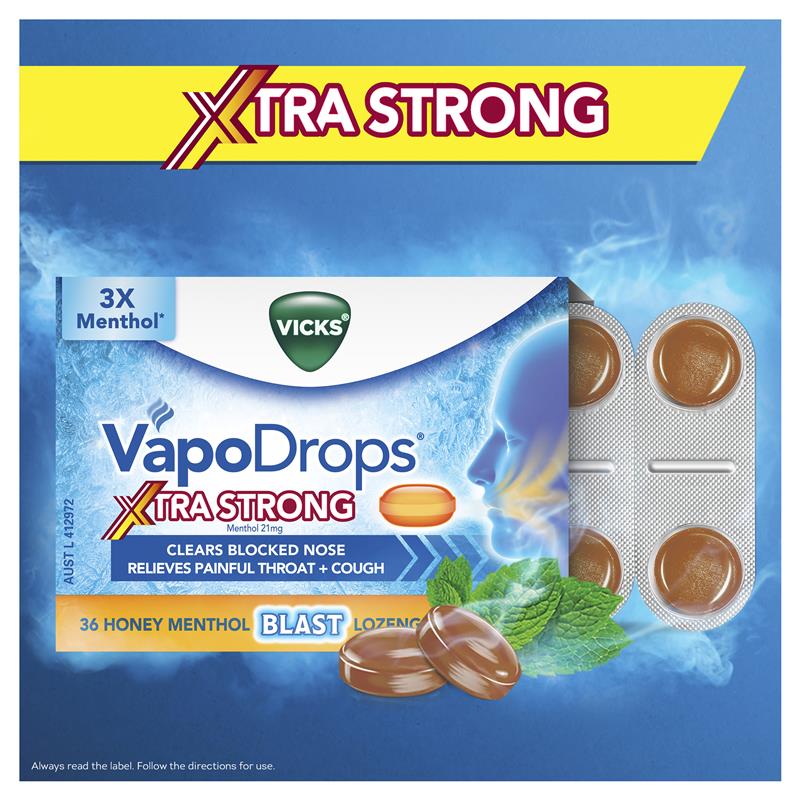 Vicks VapoDrops + Cough Xtra Strong Honey Menthol 36 Lozenges