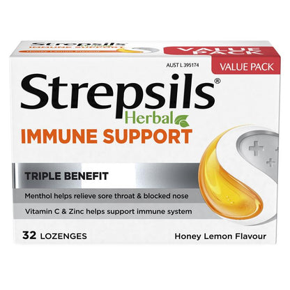 Strepsils Herbal Immune Support Lozenges Honey Lemon 32 Pack