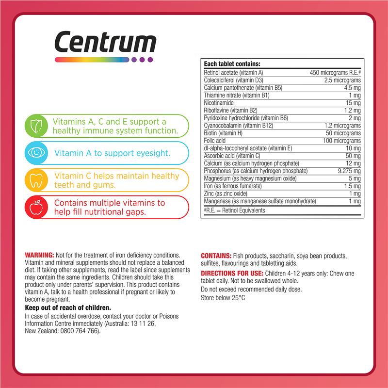 Centrum Kids Multi Vitamin 60 Strawberry Tablets