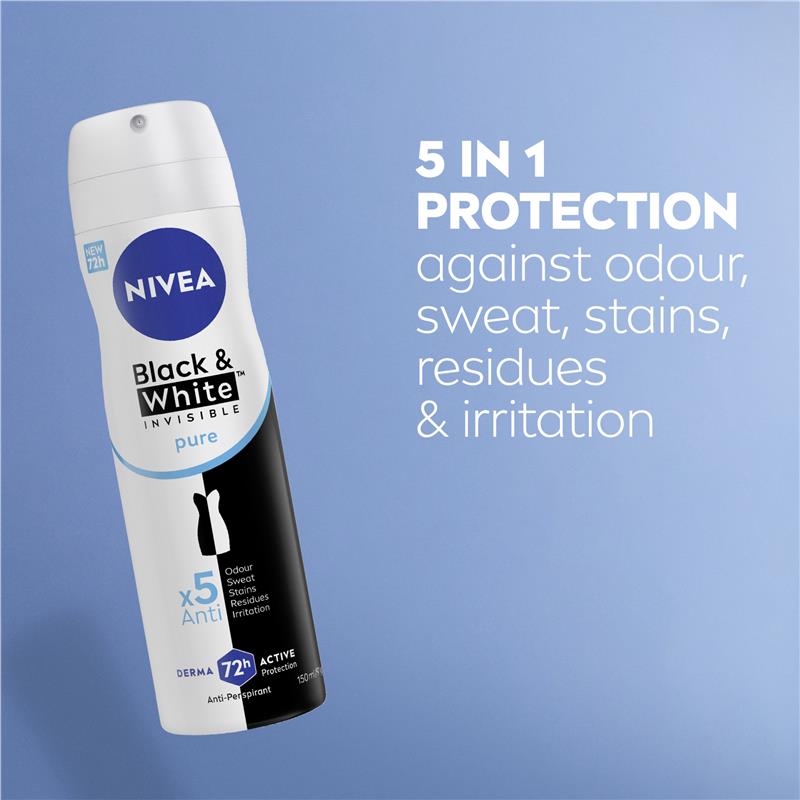 NIVEA Black & White Invisible Pure Aerosol Deodorant 150ml - 72H Protection