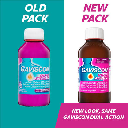 Gaviscon Dual Action Liquid Mixed Berry Flavour Heartburn and Indigestion Relief 300ml