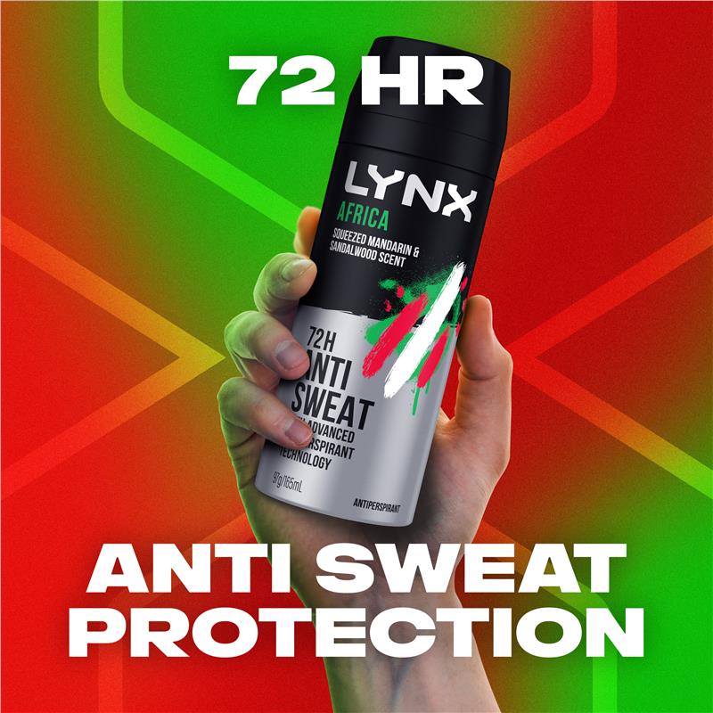 Lynx Africa Men's Antiperspirant Deodorant Aerosol 165ml – 72-Hour Protection