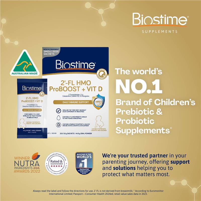 Biostime 2 FL HMO ProBOOST + VIT D 28 x 1.6g Sachets - Immune Support for Growing Kids