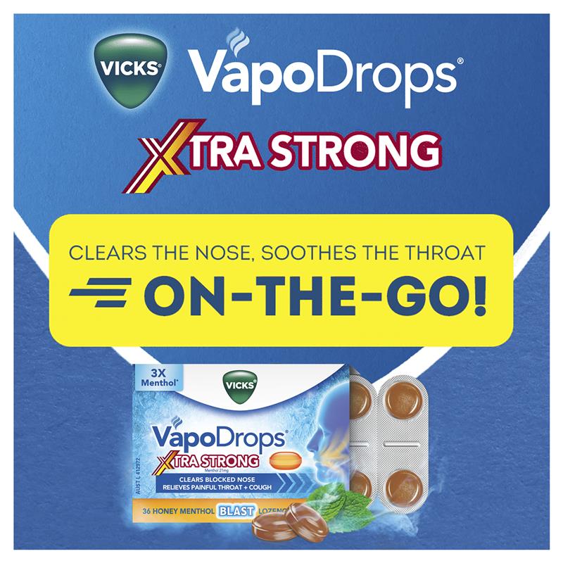 Vicks VapoDrops + Cough Xtra Strong Honey Menthol 36 Lozenges