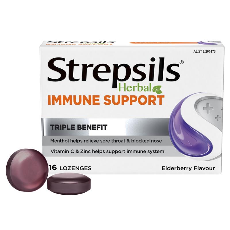 Strepsils Herbal Immune Support Lozenges Elderberry Echinacea 16 Pack