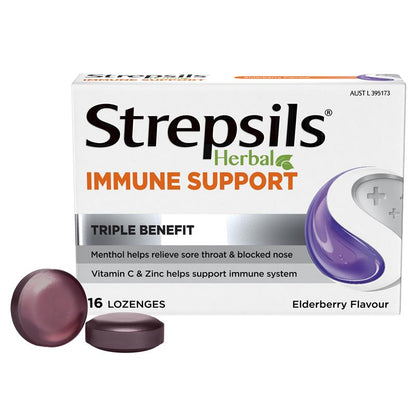 Strepsils Herbal Immune Support Lozenges Elderberry Echinacea 16 Pack