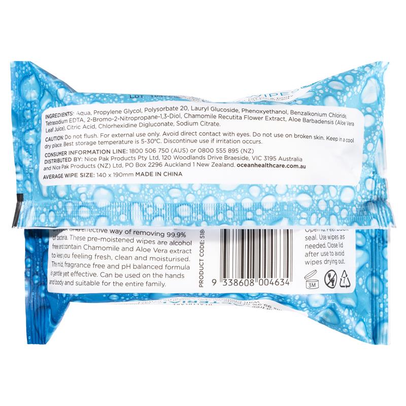 Ocean Antibacterial Wipes 30 Pack - Effective Bacteria Removal