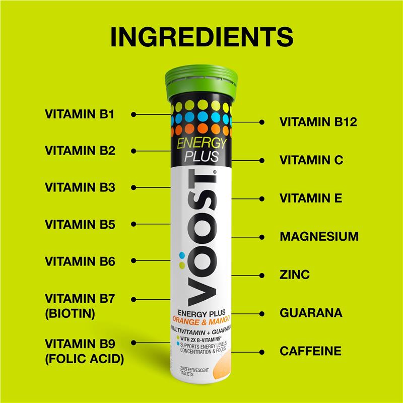 Voost Energy Plus Orange & Mango Effervescent Tablets - 60 Pack for Energy Production