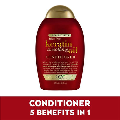 Ogx Frizz Free + Keratin Smoothing Oil 5 in 1 Benefits Conditioner For Frizzy Hair 385mL