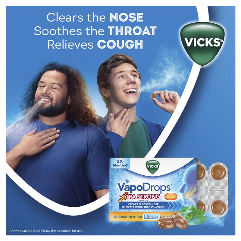 Vicks VapoDrops + Cough Xtra Strong Honey Menthol 36 Lozenges