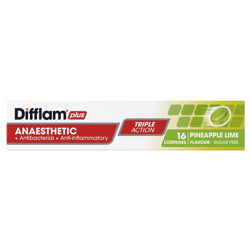 Difflam Plus Anaesthetic Sugar Free Pineapple & Lime Lozenges - 16 Count