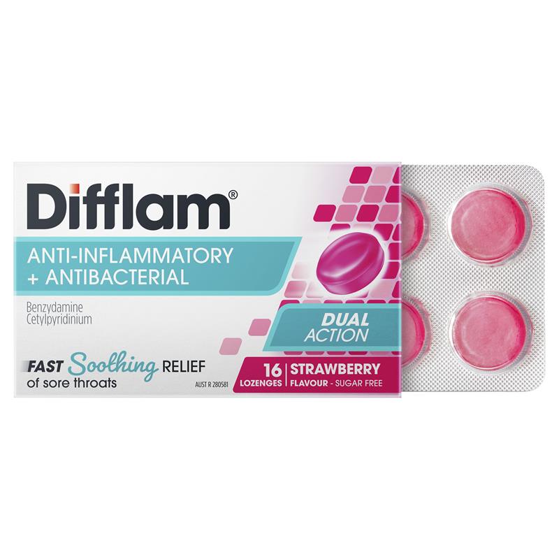 Difflam Sore Throat Lozenges - Sugar Free Strawberry (16 Lozenges)