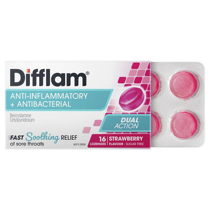 Difflam Sore Throat Lozenges - Sugar Free Strawberry (16 Lozenges)