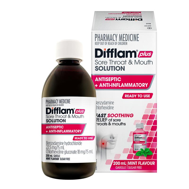 Difflam Plus Sore Throat & Mouth Solution Mint 200ml - Dual Action Relief