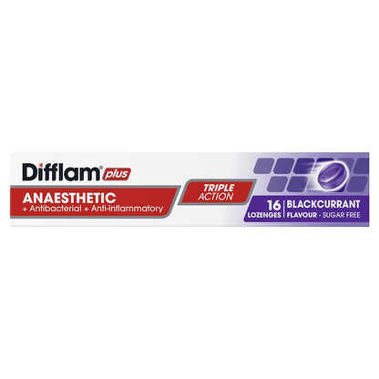 Difflam Plus Anaesthetic Sugar Free Blackcurrant 16 Lozenges