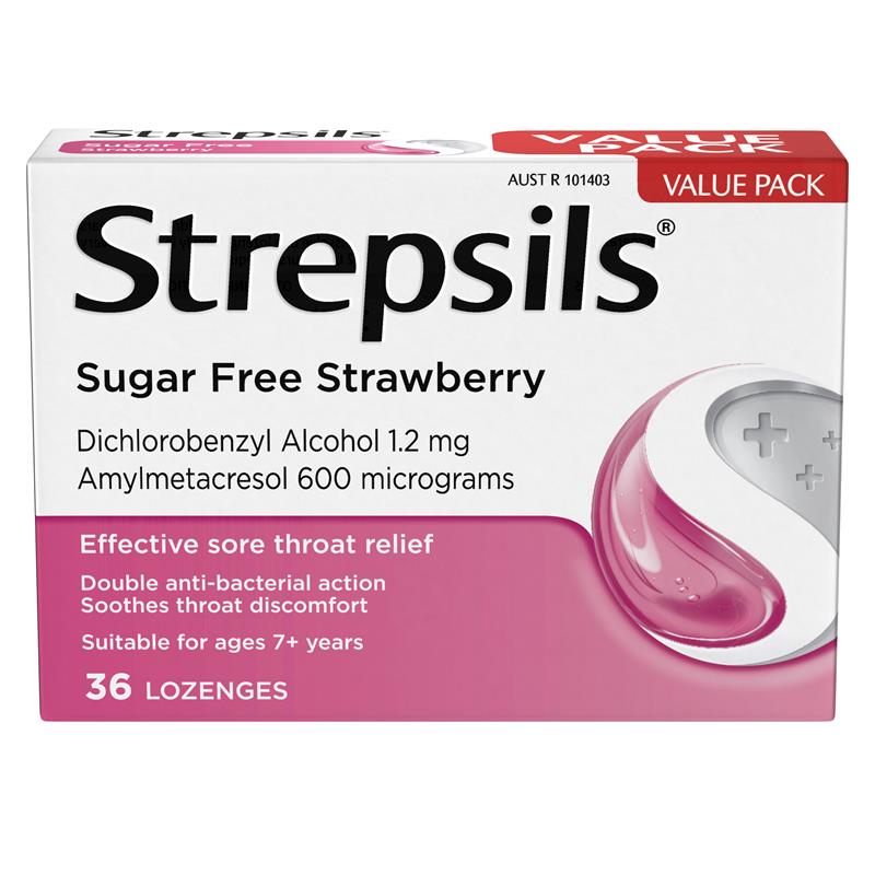 Strepsils Sugar Free Strawberry 36 Lozenges - Antibacterial Sore Throat Relief