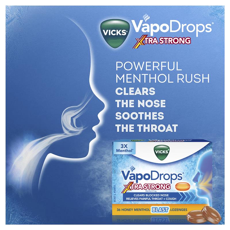 Vicks VapoDrops + Cough Xtra Strong Honey Menthol 36 Lozenges