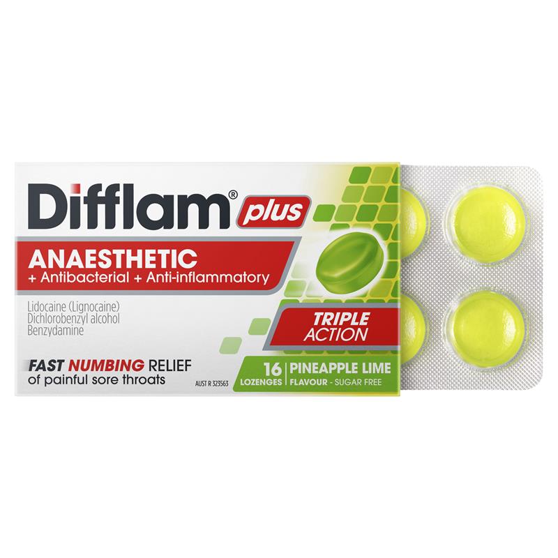 Difflam Plus Anaesthetic Sugar Free Pineapple & Lime Lozenges - 16 Count
