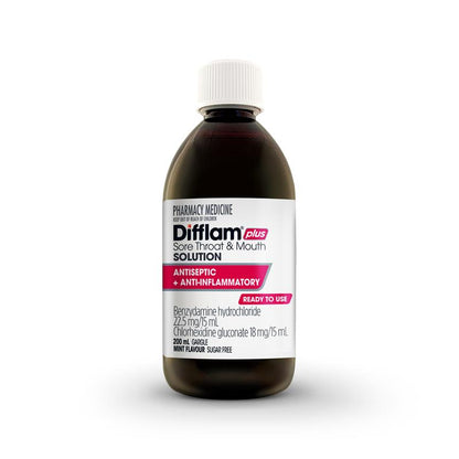 Difflam Plus Sore Throat & Mouth Solution Mint 200ml - Dual Action Relief