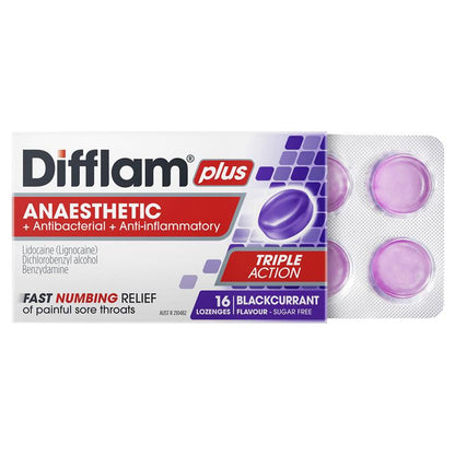 Difflam Plus Anaesthetic Sugar Free Blackcurrant 16 Lozenges