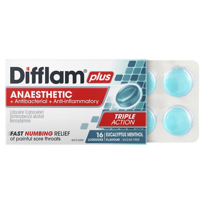 Difflam Plus Anaesthetic Sugar Free Eucalyptus Menthol Lozenges - 16 Count