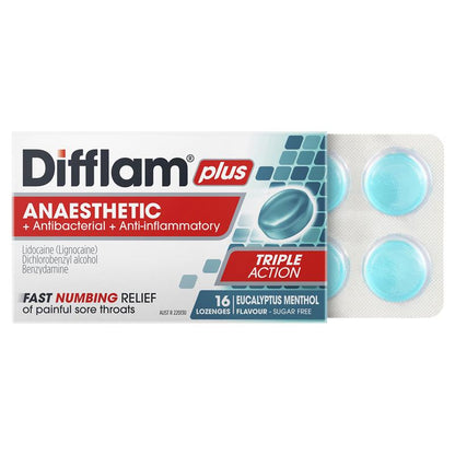Difflam Plus Anaesthetic Sugar Free Eucalyptus Menthol Lozenges - 16 Count