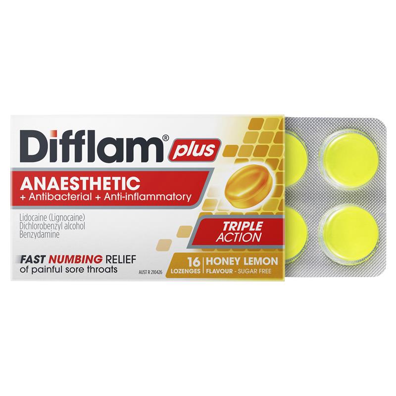 Difflam Plus Anaesthetic Sugar Free Honey And Lemon 16 Lozenges