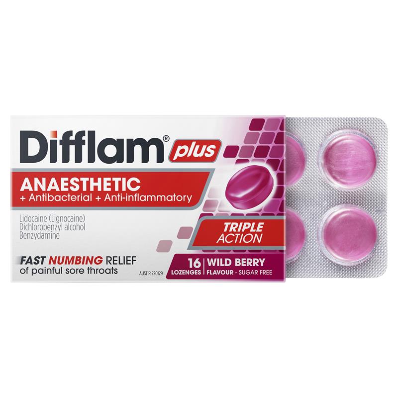 Difflam Plus Anaesthetic Sugar Free Wild Berry Lozenges - 16 Count