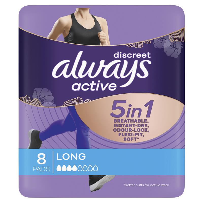 Always Discreet Active Incontinence Pads for Bladder Leaks, Long, 8-Pads