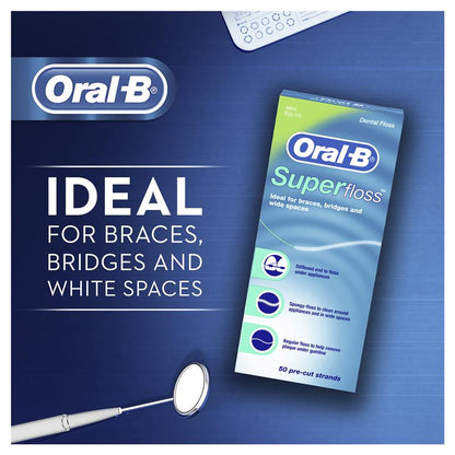 Oral B Superfloss Dental Floss Pre-Cut Strands 50 Pack - Ideal for Braces